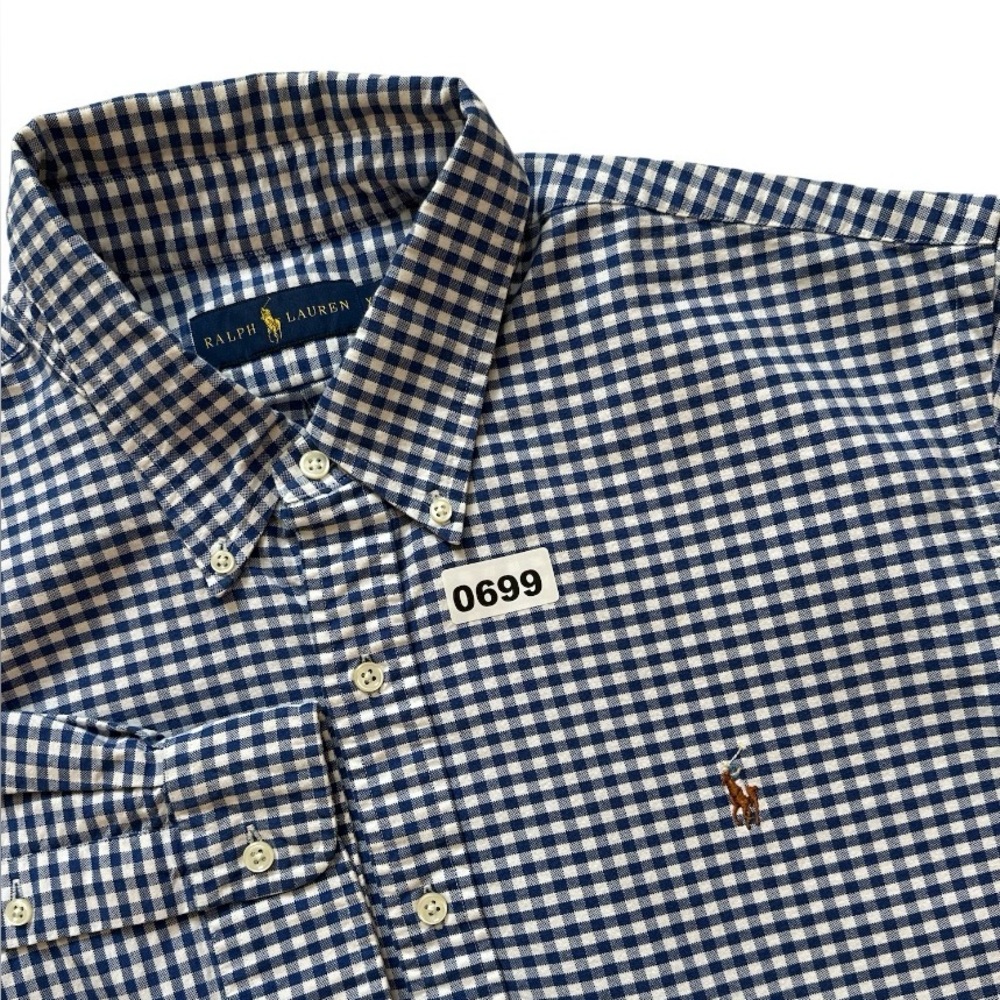 Ralph Lauren Blue White Gingham Men's XXL Button Down Shirt Logo Short Sleeves